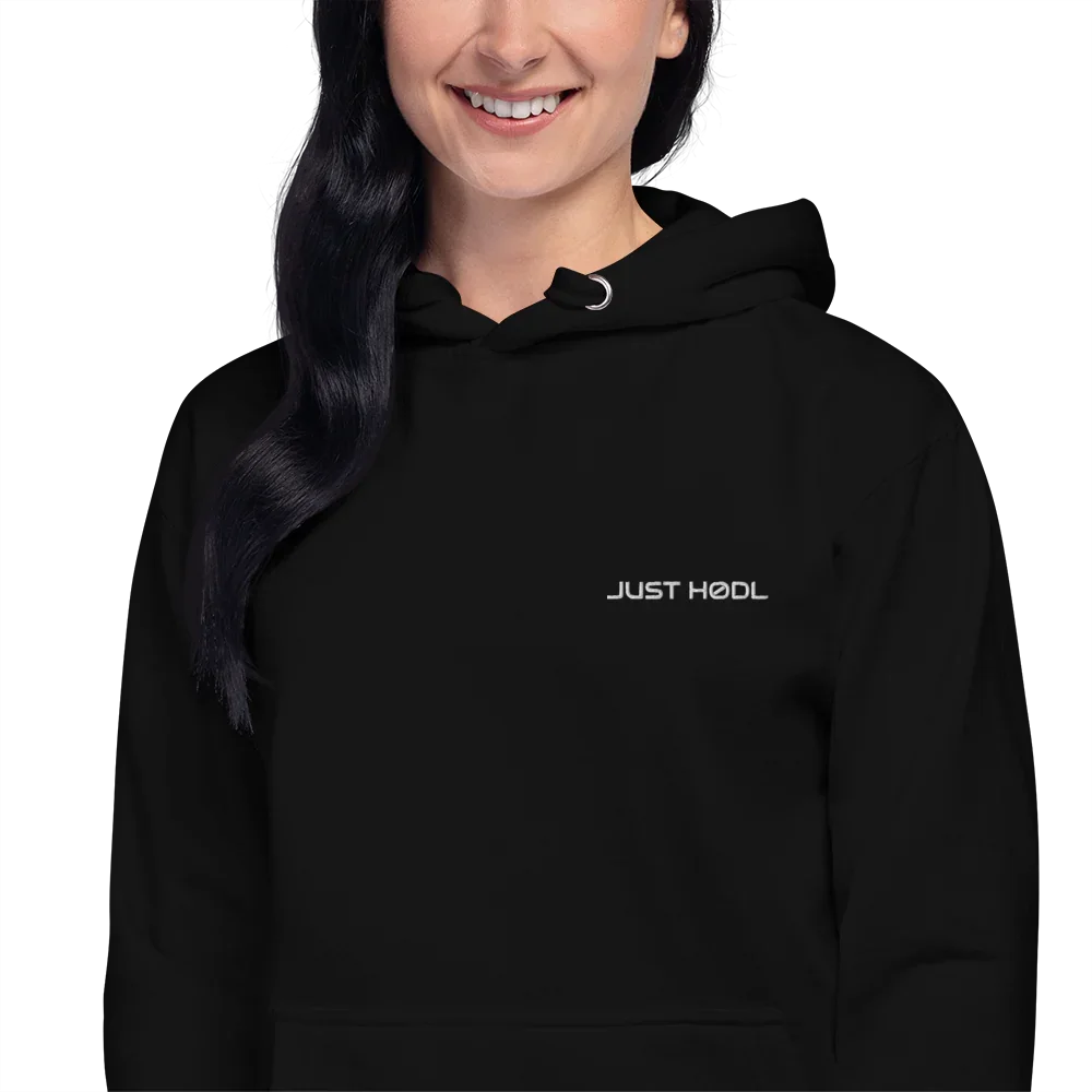 Schwarzer Unisex-Premium-Hoodie mit weißem Aufdruck 'JUST HODL', Nahaufnahme vorne