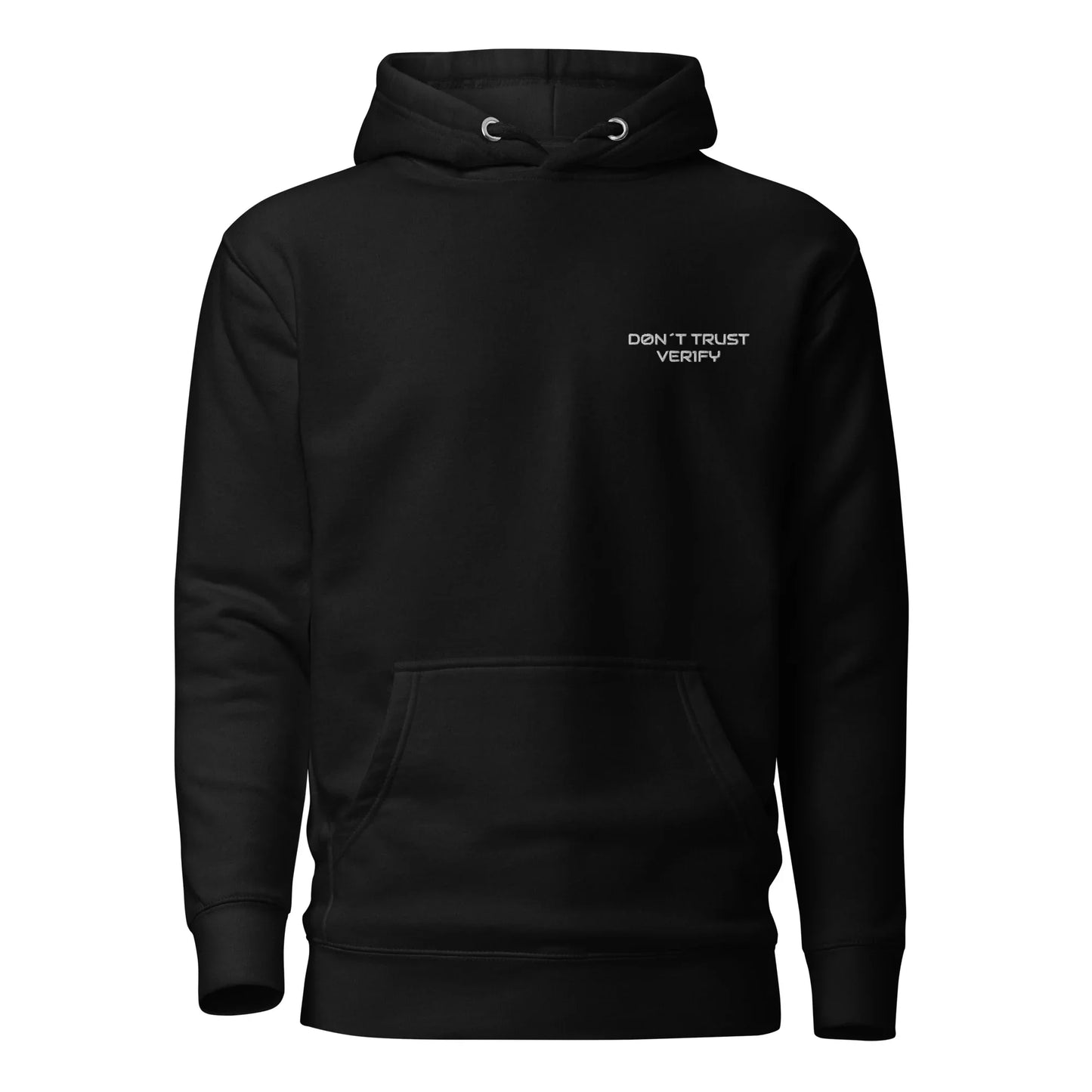 Schwarzer Unisex-Premium-Pullover Hoodie mit weißem Schriftzug "DON'T TRUST VERIFY" vorne