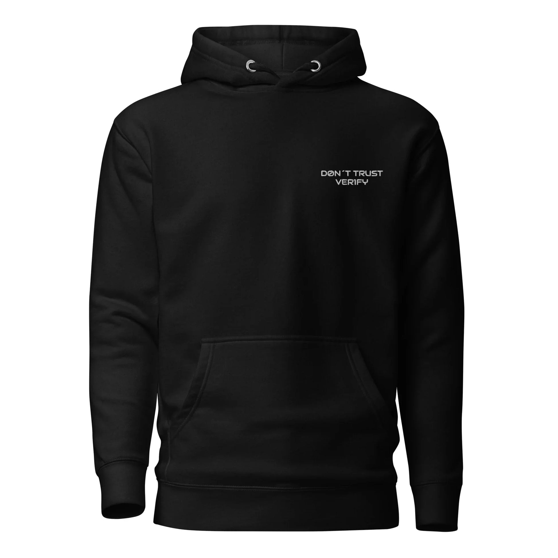 Schwarzer Unisex-Premium-Pullover Hoodie mit weißem Schriftzug "DON'T TRUST VERIFY" vorne