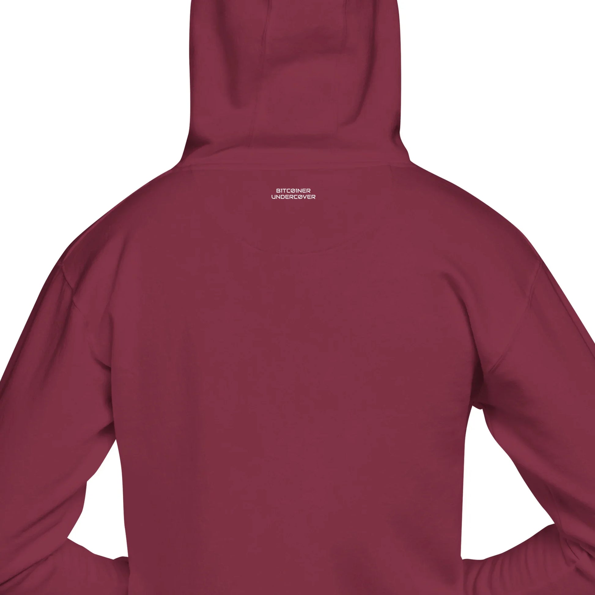 Unisex Premium Hoodie in Dunkelrot mit "BITCOINER UNDERCOVER" Schriftzug auf der Rückseite