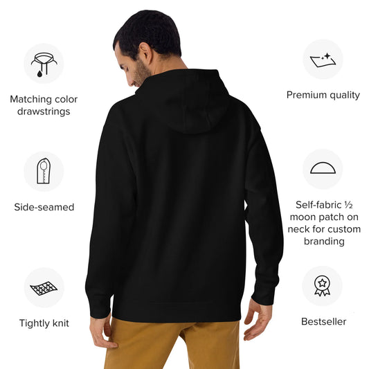 Mann trägt schwarzen Unisex Premium Hoodie mit Kapuze, Rückansicht, bequeme Passform
